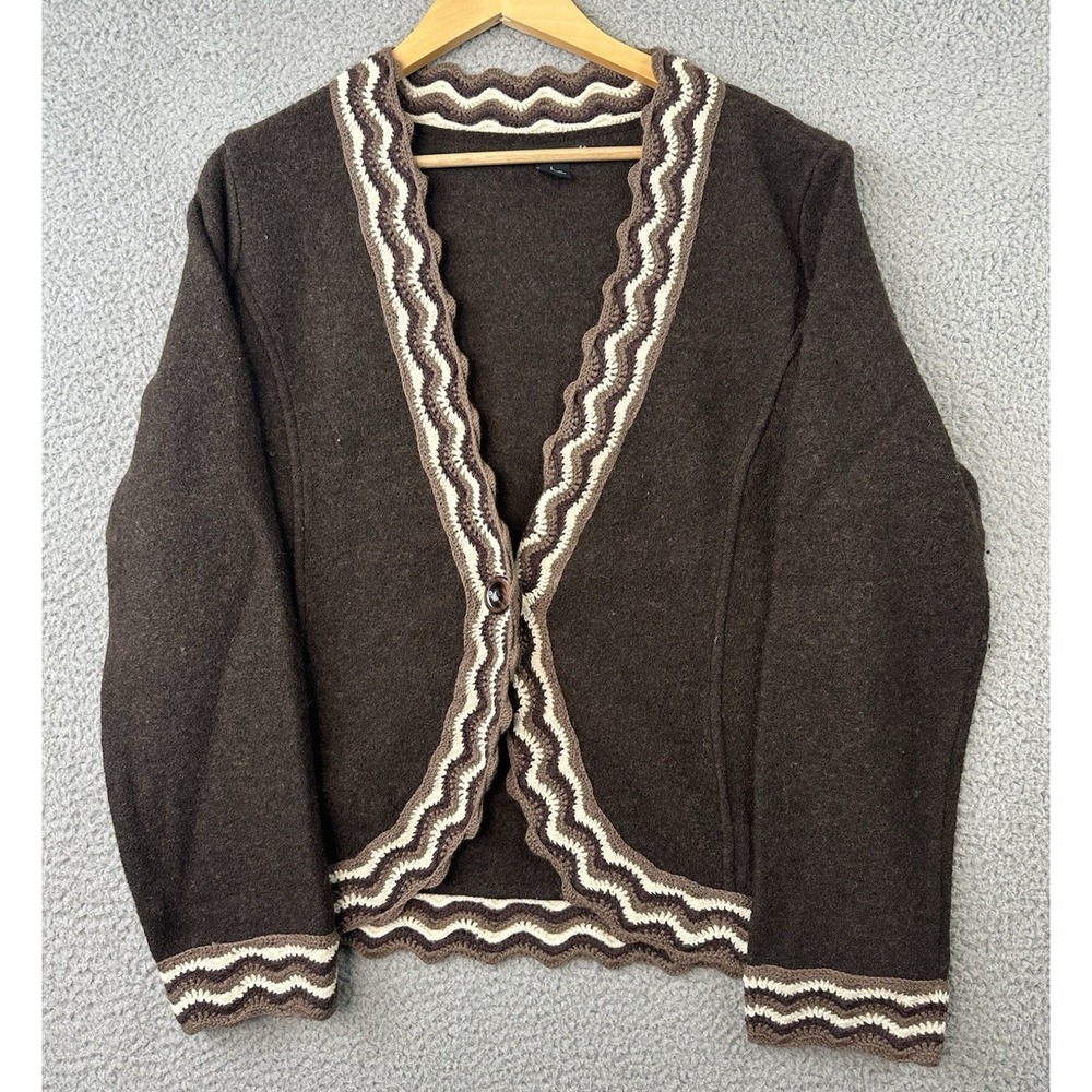 Willi Smith Cardigan Sweater Womens Large Brown Boiled Wool One Button Knit